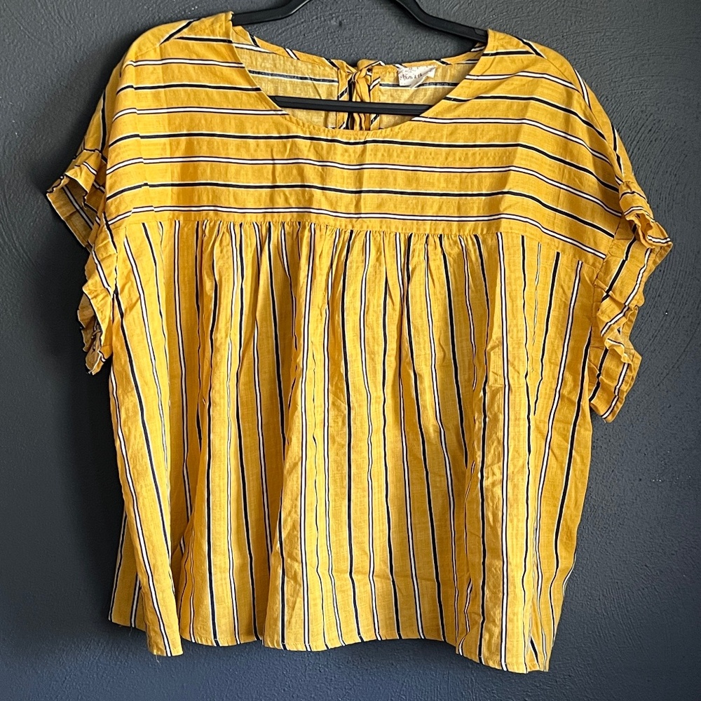 Hem & Thread Oversized Boxy Striped Top Large Mustard Navy Stripe Ruffle Sleeve